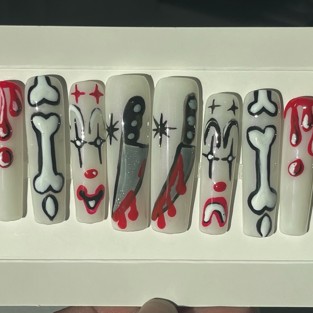 White Red Black Killer Clown Horror Press-on Nails Handmade Press-on Nails - Picture 4 of 9